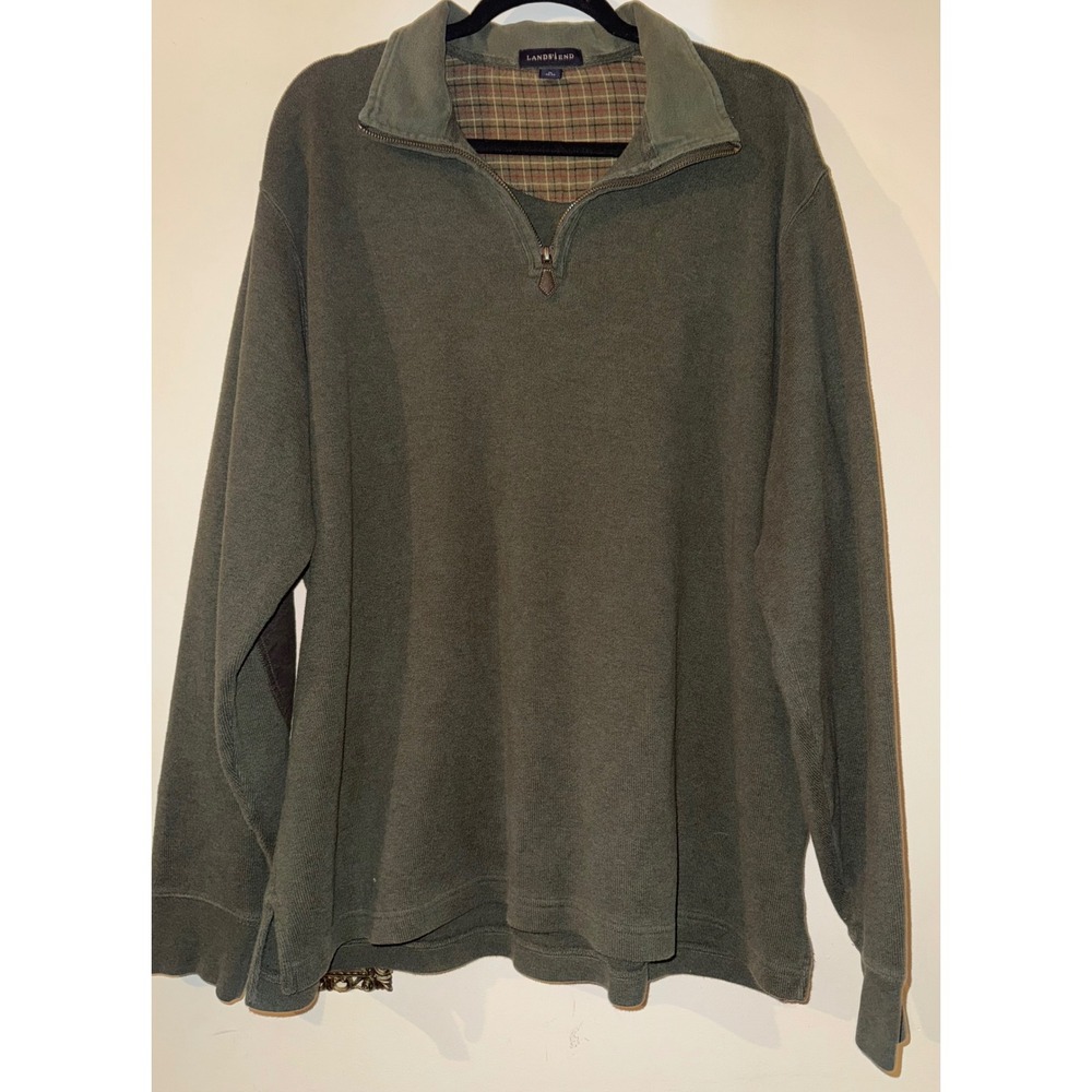 Lands End Mens Quarter Zip Sweatshirt Olive Green Plaid Lined Elbow Patches XL